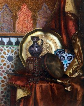 魯道夫 恩斯特 A Tambourine, Knife, Moroccan Tile and Plate on Satin covered Table 魯道夫 恩斯特 A Tambourine, Knife, Moroccan Tile and Plate on Satin covered Table